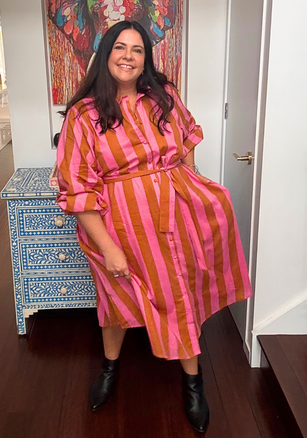 Tas Shirt Dress Pink and Golden Latte Stripe